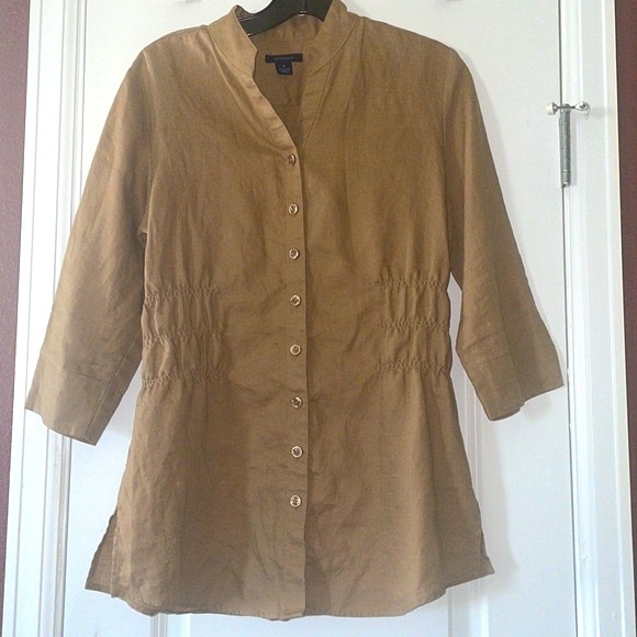 Westbound 100% Linen Fitted Button Down Shirt Light Brown Stand Collar size 6 - Picture 2 of 12